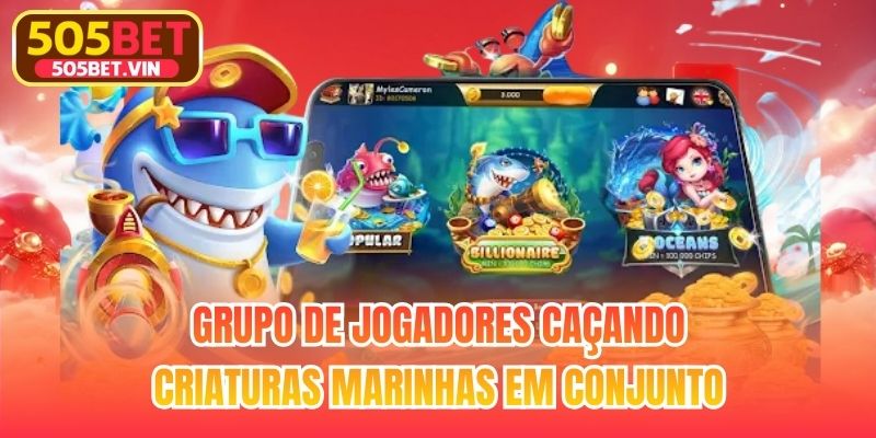 Grupo de jogadores caçando criaturas marinhas em conjunto