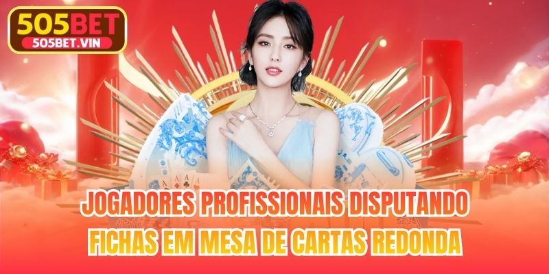 Jogadores profissionais disputando fichas em mesa de cartas redonda